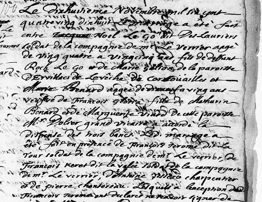 Acte de mariage de Noël Le Go dit Deslauriers et Marie Besnard, paroisse Notre-Dame de Montréal, 18 novembre 1698.