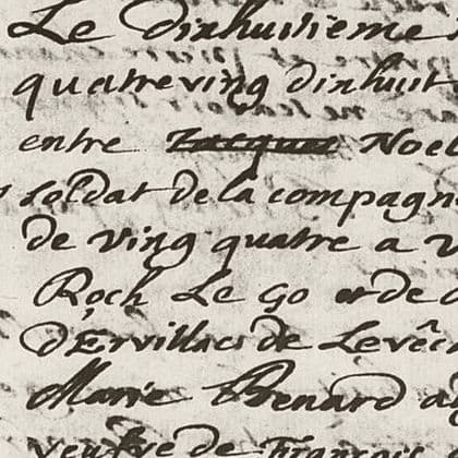 Détail de l’écriture manuscrite d’un registre paroissial de 1698.